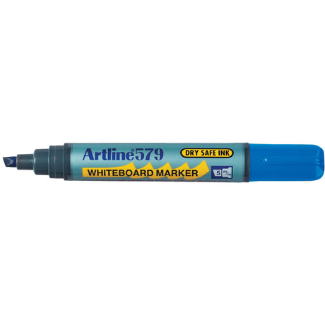 Artline 579 blue whiteboard markers set of 12 with 5mm chisel nib, dry safe ink, low odor, and versatile for various surfaces.