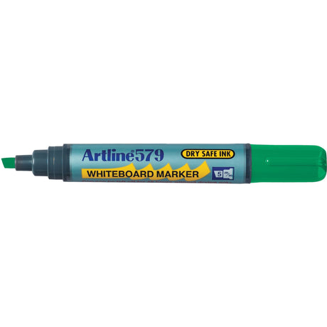Artline 579 Green Whiteboard Markers set of 12, featuring a 5mm chisel nib for versatile marking and dry safe ink formula.