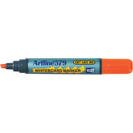 Artline 579 Whiteboard Marker pack of 12 in vibrant orange, featuring a 5mm chisel nib for fine and bold writing.