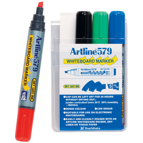 Assorted Artline 579 Whiteboard Marker with 5mm chisel nib, ideal for vivid writing on whiteboards, safe for up to 48 hours cap off.