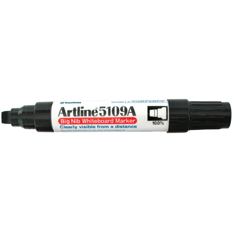 Pack of 6 Artline 5109a black whiteboard markers with 10mm chisel nibs, designed for bold, dry erase writing.