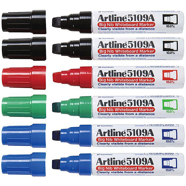 Artline 5109a whiteboard markers with 10mm chisel nib, assorted colors, ideal for clear, bold writing on whiteboards.