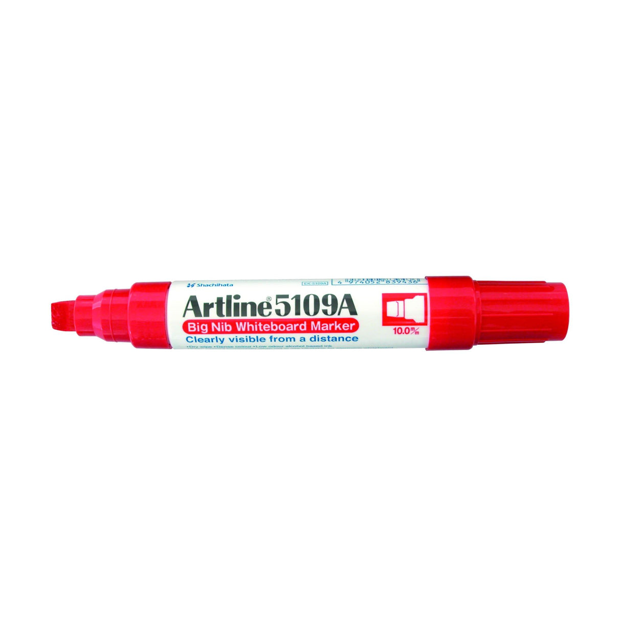 Artline 5109a Whiteboard Marker in Hangse Red features a 10mm chisel nib for vibrant, bold line widths visible from afar.