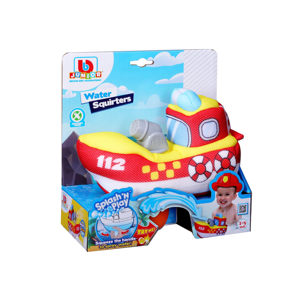 Vibrant BB JUNIOR SPLASH 'N PLAY FIRE BOAT for toddlers, designed for water fun and skill-building during summer adventures.