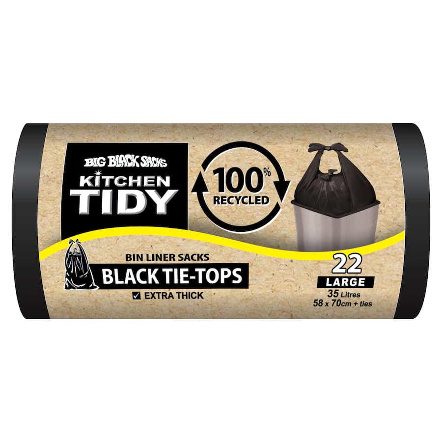 Big Black Sacks Kitchen Tidy Liners 100% Recycle Black Tie Large 22pack