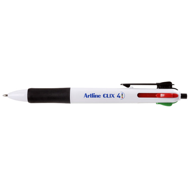 Artline Clix 4 multi-colour ballpoint pen set featuring black, red, blue, and green ink for versatile writing and creativity.