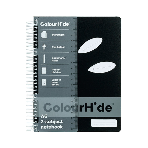 Pack of 5 Colourhide A5 subject books in black, featuring 300 thick perforated pages and organizational tools.