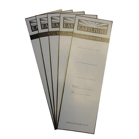 Self-adhesive spine labels for lever arch files, ideal for A4 and foolscap, ensuring professional organization.