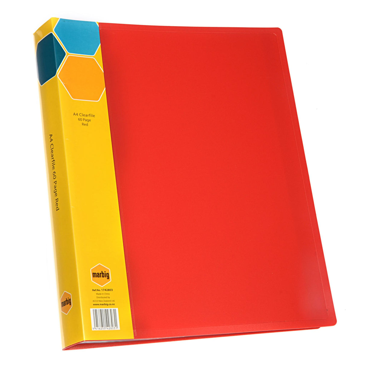Marbig Display Book in Red with 60 clear pockets for organizing documents stylishly and efficiently.