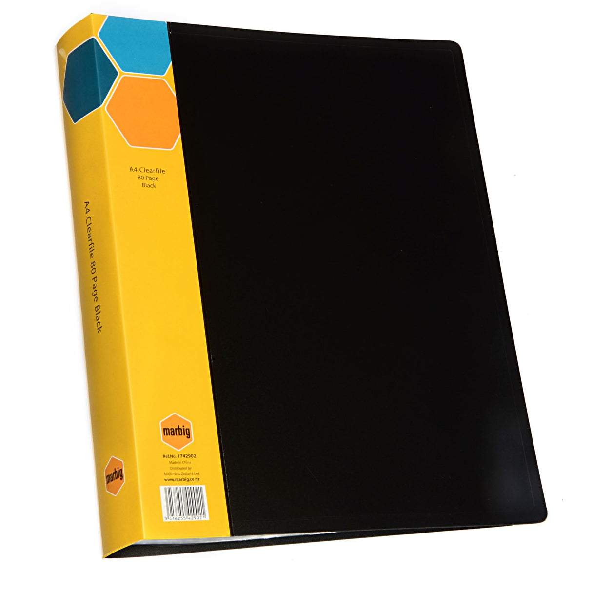 Marbig Display Book Black featuring 80 crystal-clear pockets for A4 documents and a customizable insert spine for organization.