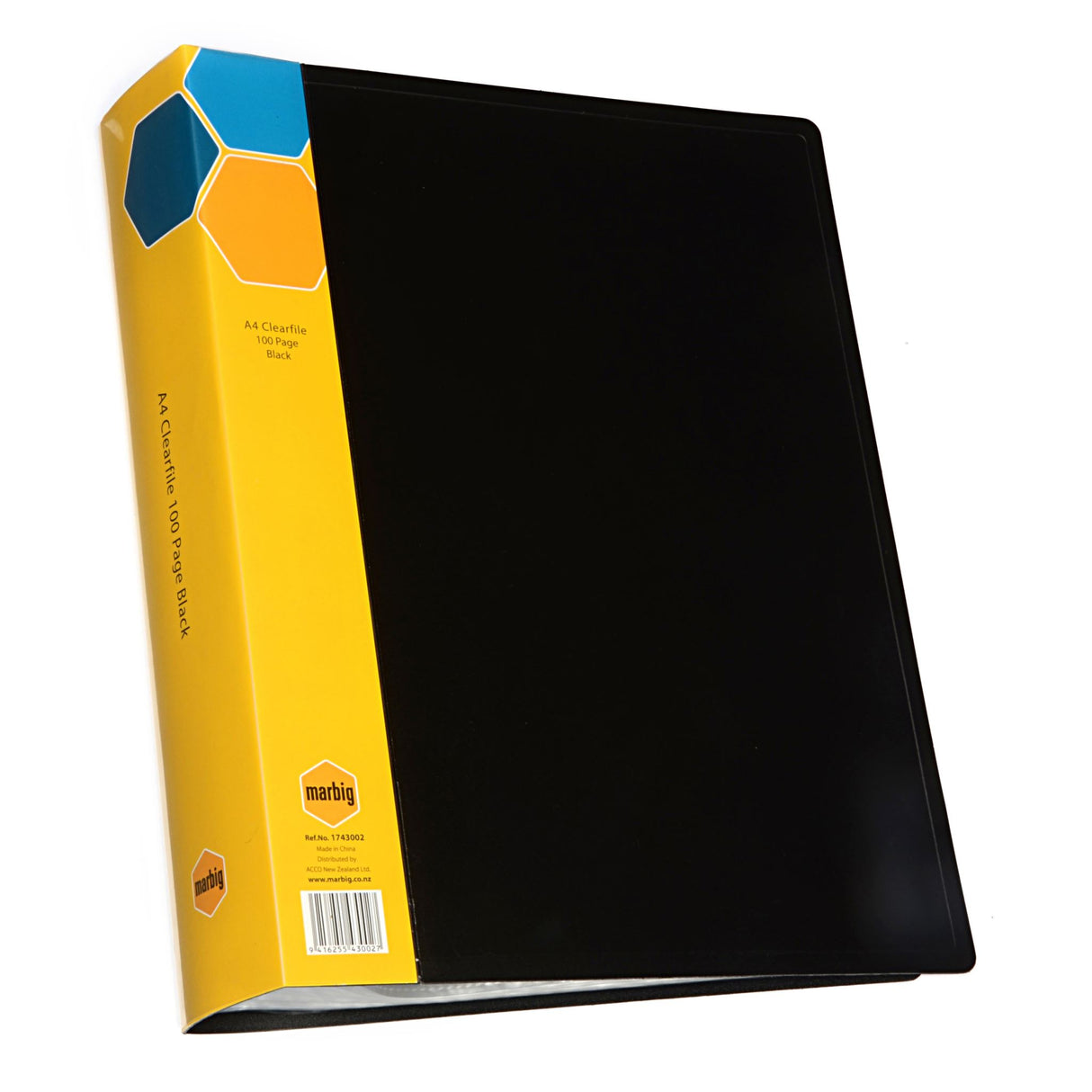 Marbig Display Book in black with 100 clear pockets for organizing and presenting documents, ideal for students and professionals.