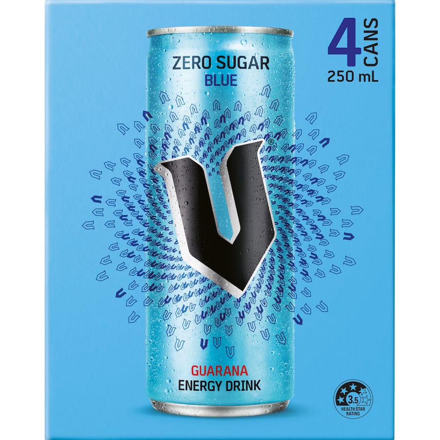 V Sugarfree Energy Drink Blue 250ml cans 4pack