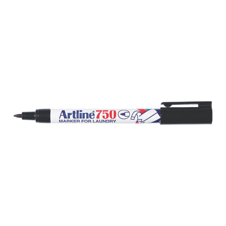 Artline 750 Laundry Marker pack of 12 in black, featuring 0.7mm bullet nib for durable, washable fabric labeling.