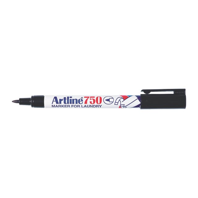 Artline 750 Laundry Marker pack of 12 in black, featuring 0.7mm bullet nib for durable, washable fabric labeling.