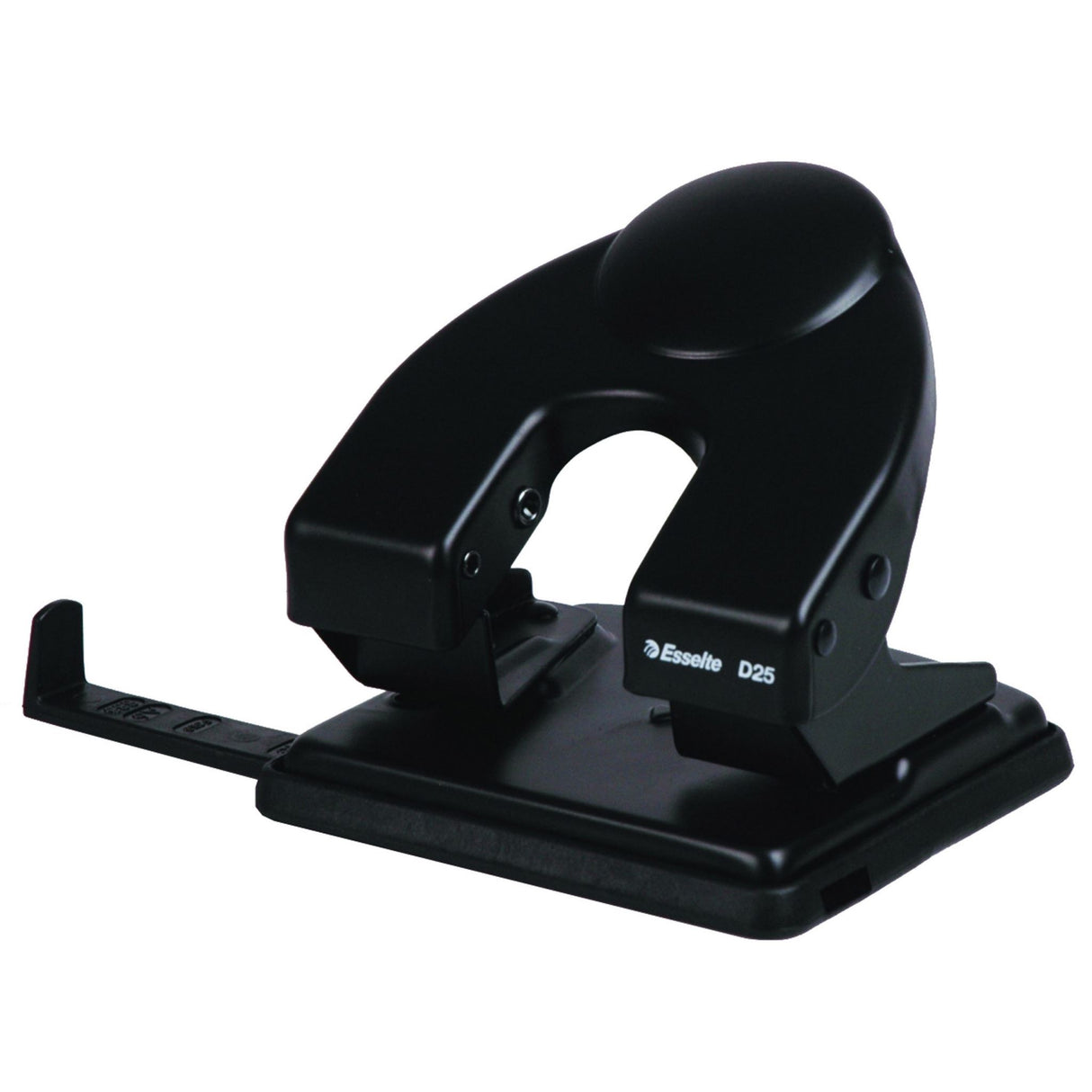 Esselte 2 Hole Punch in black, efficiently punches up to 25 sheets with a durable enamelled metal finish.