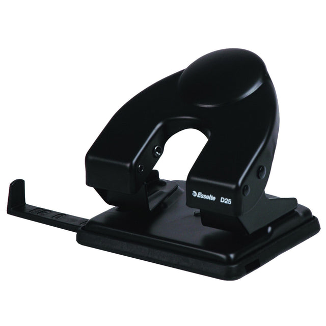 Esselte 2 Hole Punch in black, efficiently punches up to 25 sheets with a durable enamelled metal finish.