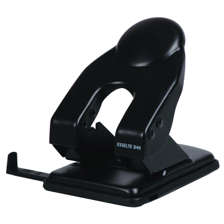 Esselte 2 Hole Punch in sleek black, punches up to 40 sheets with a 6mm diameter, featuring easy-empty waste receptacle.