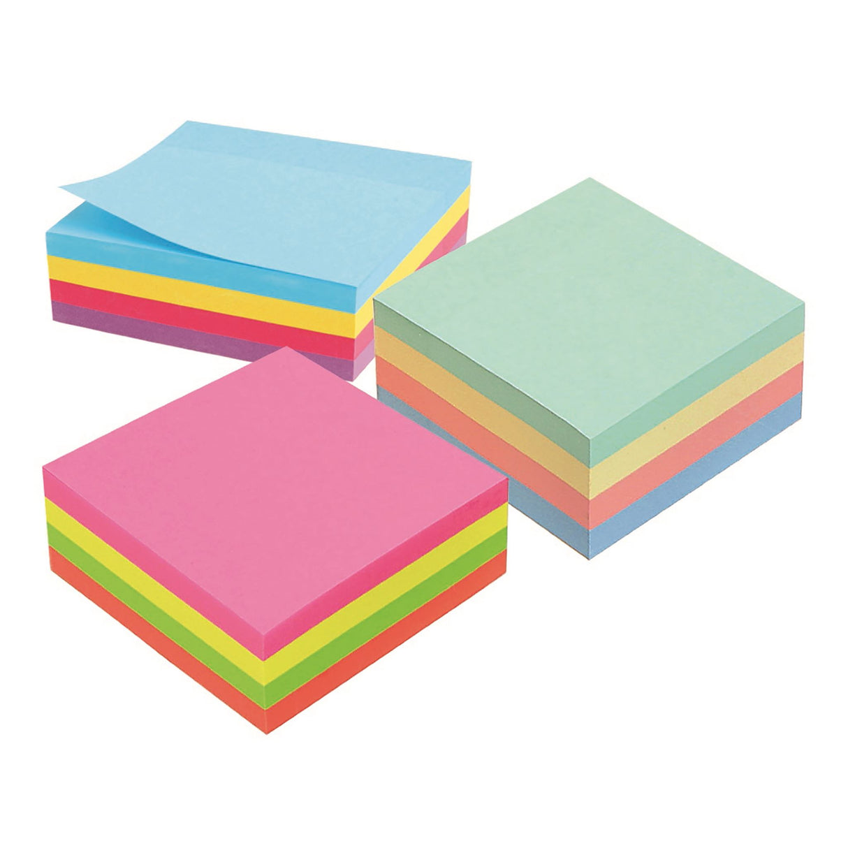Vibrant Marbig Notes Rainbow Cube with 320 self-stick sheets in blue, pink, purple, and yellow for organized thoughts.