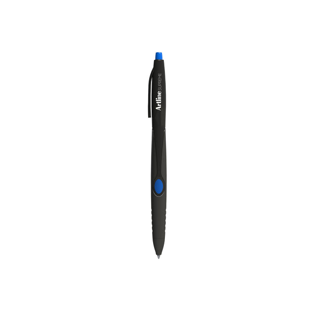 Set of 12 Artline Supreme Retractable Blue pens with contoured grip and 1.0mm bold, smooth ink for precise writing.