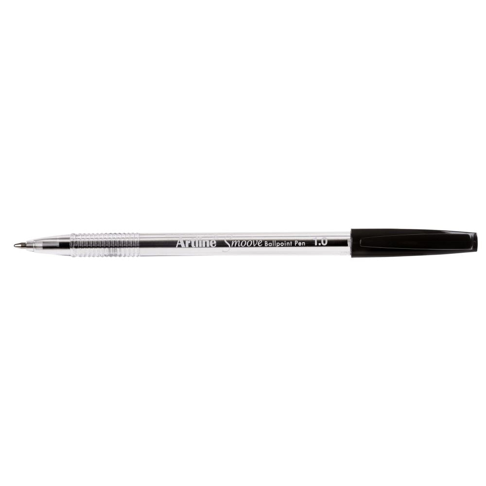Pack of 12 Artline Smoove Bpp Medium Black ballpoint pens for smooth, precise writing without smudges.