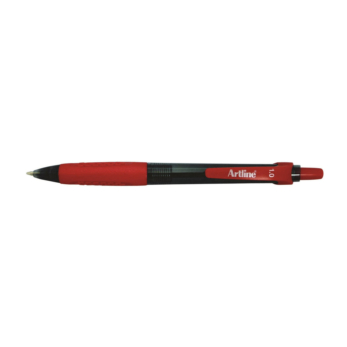 Artline 8410 retractable ballpoint pens with rubber grip, 12 units, medium red ink, smooth writing with tungsten carbide ball.