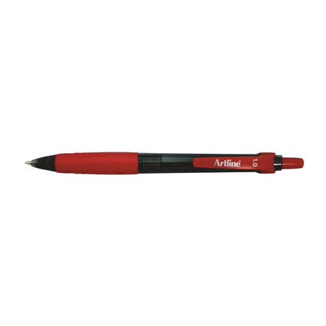 Artline 8410 retractable ballpoint pens with rubber grip, 12 units, medium red ink, smooth writing with tungsten carbide ball.