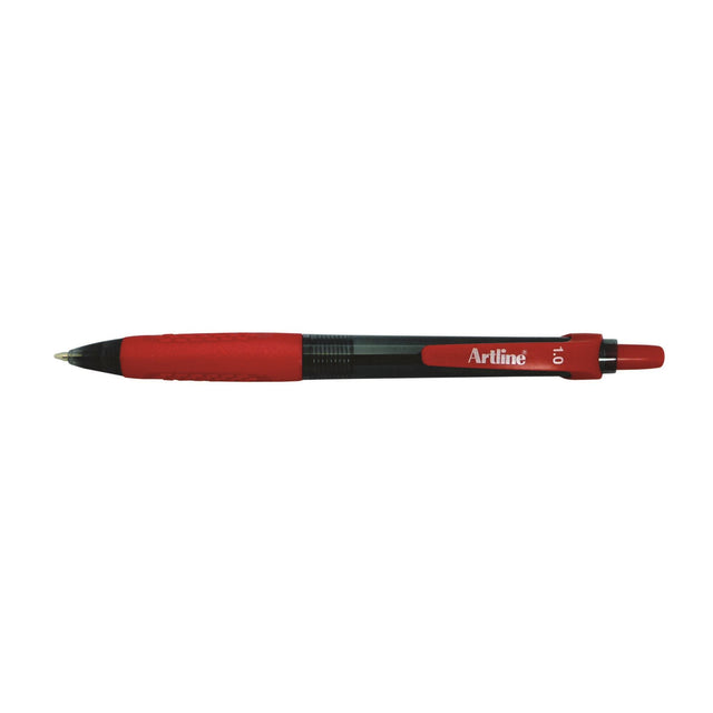 Artline 8410 retractable ballpoint pens with rubber grip, 12 units, medium red ink, smooth writing with tungsten carbide ball.