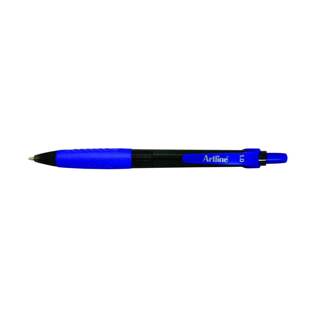 Artline 8410 Bpp retractable grip blue pens, 12-pack, with rubber grip for comfort and smooth writing.