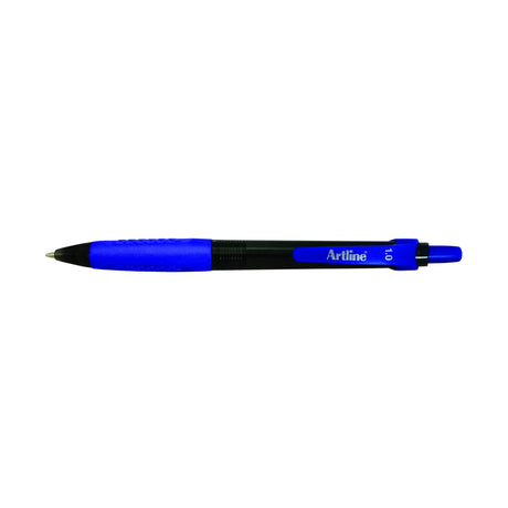 Artline 8410 Bpp retractable grip blue pens, 12-pack, with rubber grip for comfort and smooth writing.