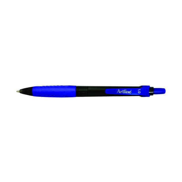 Artline 8410 Bpp retractable grip blue pens, 12-pack, with rubber grip for comfort and smooth writing.