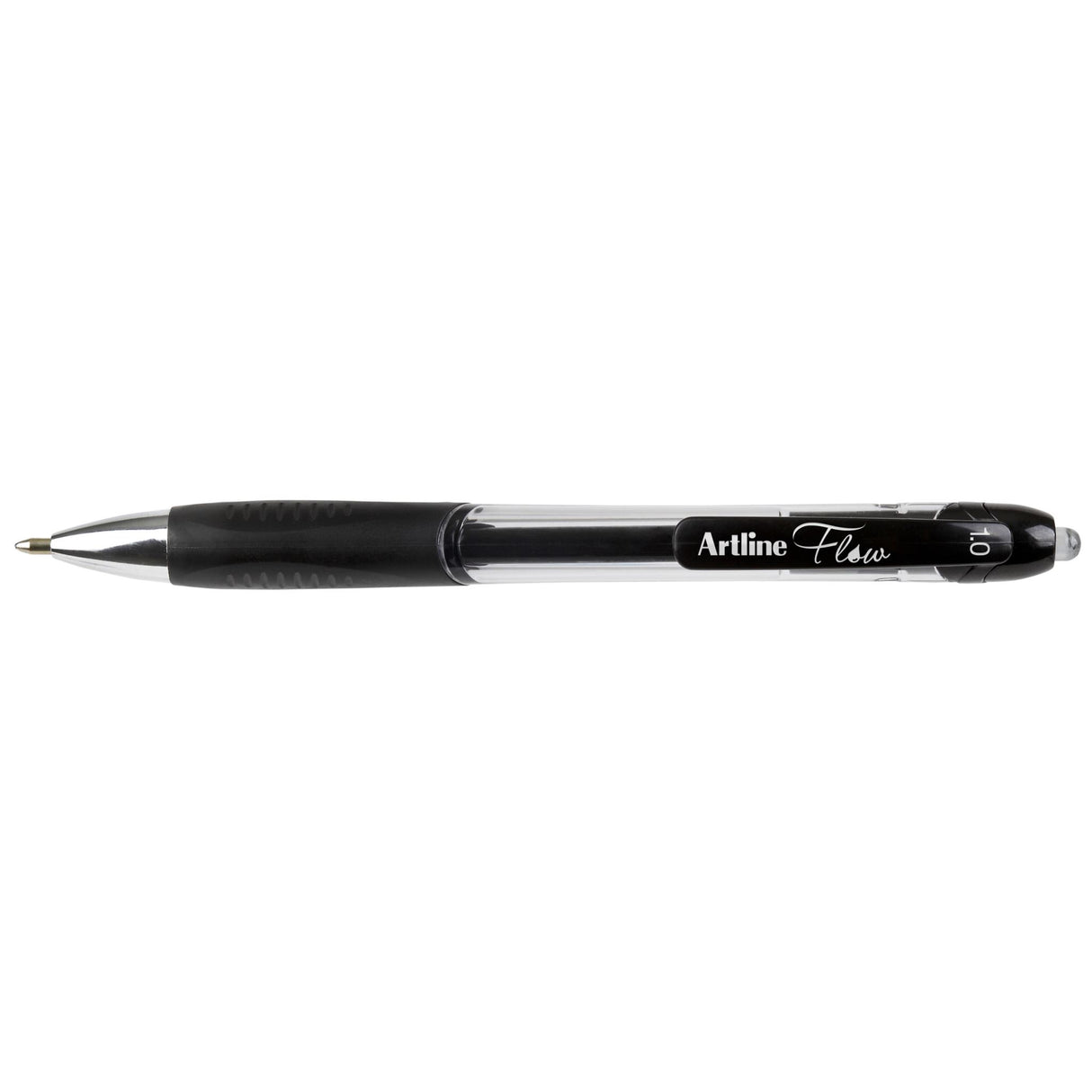 Artline Flow Retractable Pens in black, 12 pack, featuring gel ink for smooth writing, rubber grip, and stylish design.