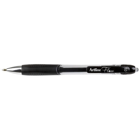 Artline Flow Retractable Pens in black, 12 pack, featuring gel ink for smooth writing, rubber grip, and stylish design.