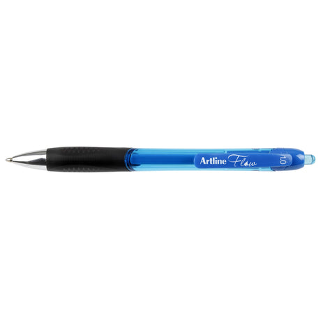 Pack of 12 Artline Flow retractable pens in blue, featuring gel ink, ergonomic grip, and a stylish tinted barrel.