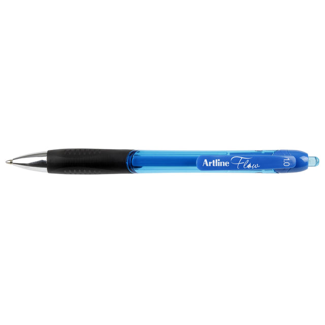 Pack of 12 Artline Flow retractable pens in blue, featuring gel ink, ergonomic grip, and a stylish tinted barrel.