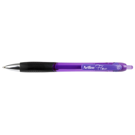 Set of 12 Artline Flow retractable pens in purple with gel ink, rubber grip, and 1.0mm line width for smooth writing.