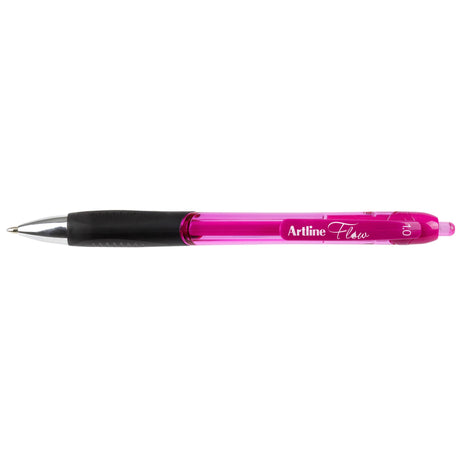 Artline Flow Retractable Pen in pink, pack of 12, featuring low-viscosity gel ink and comfortable rubber grip for smooth writing.