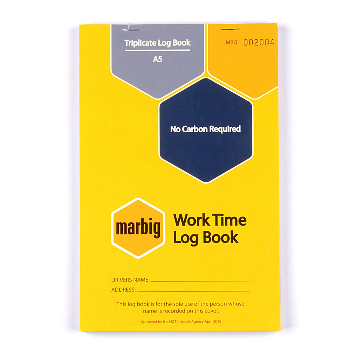 Marbig A5 Vehicle Log Book with 50 leaves for tracking mileage and work hours, featuring a soft cover design.