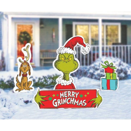 Set of 4 vibrant Dr. Seuss Grinch Merry Christmas yard signs with metal stakes for festive outdoor decor.