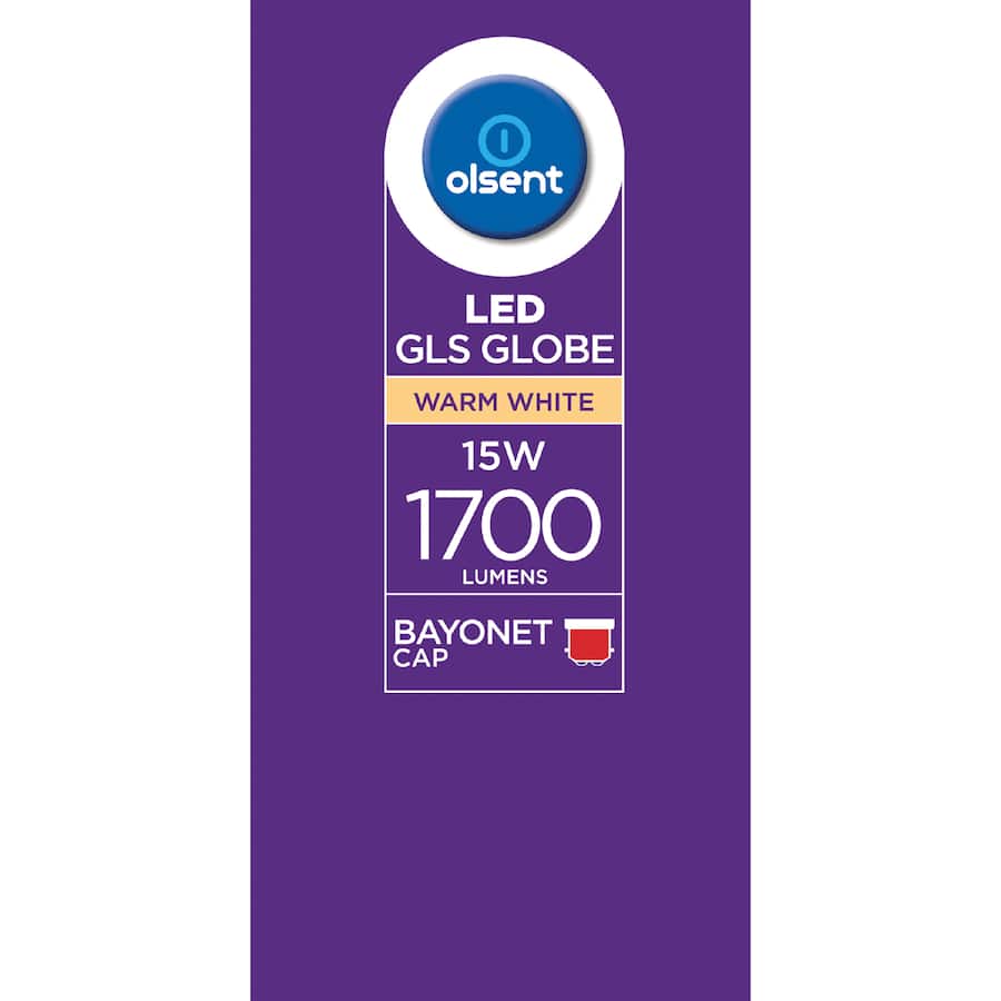Olsent Led Light Bulb Gls Bayonet 15w 1700lm Ww 2pack