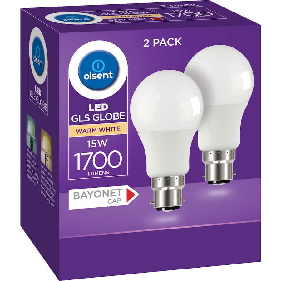 Olsent Led Light Bulb Gls Bayonet 15w 1700lm Ww 2pack