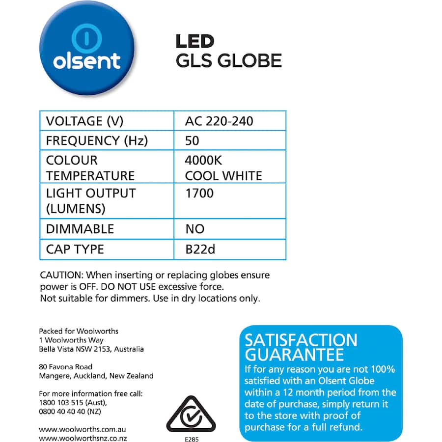 Olsent Led Light Bulb Gls Bayonet 15w 1700lm Cw 2pack