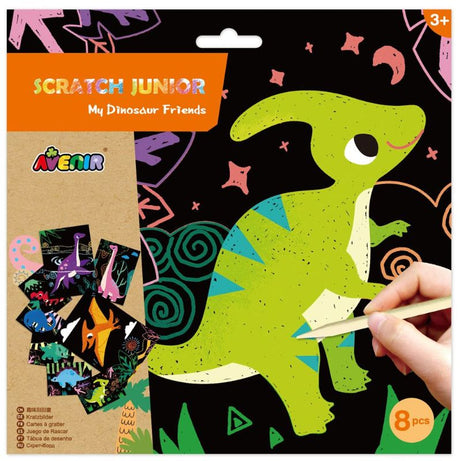 Scratch art kit featuring 8 dinosaur designs for kids, promoting creativity and fine motor skills, suitable for ages 3+.