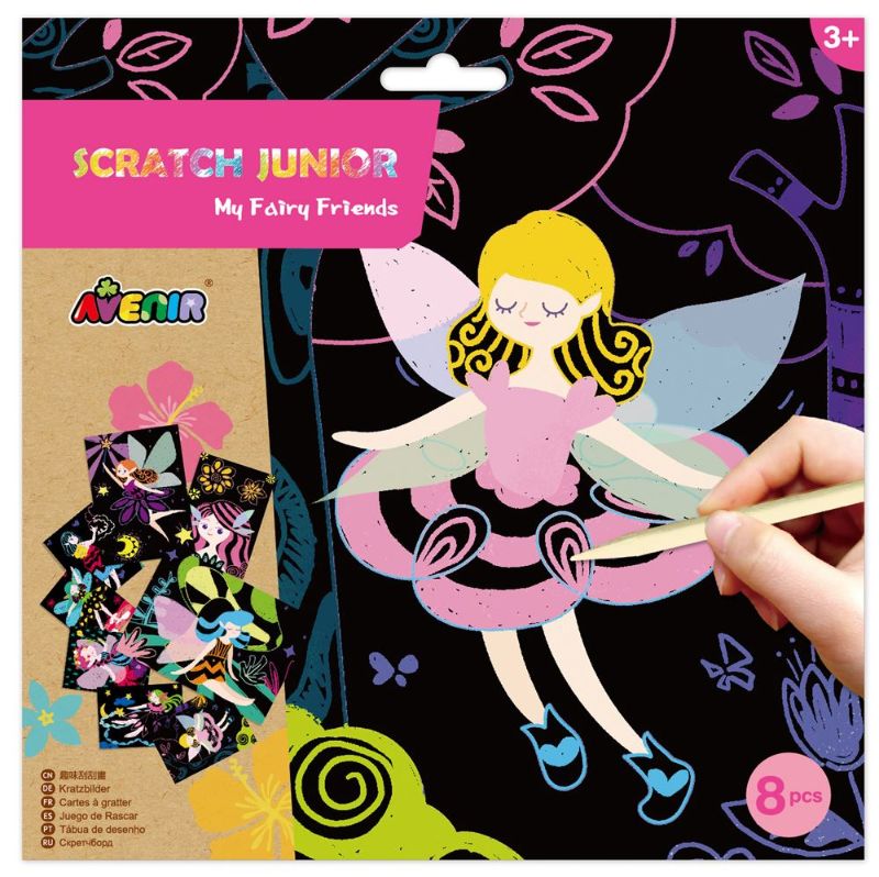 Vibrant scratch art set featuring 8 fairy scenes, encouraging creativity and fine motor skills for kids 3 and up.