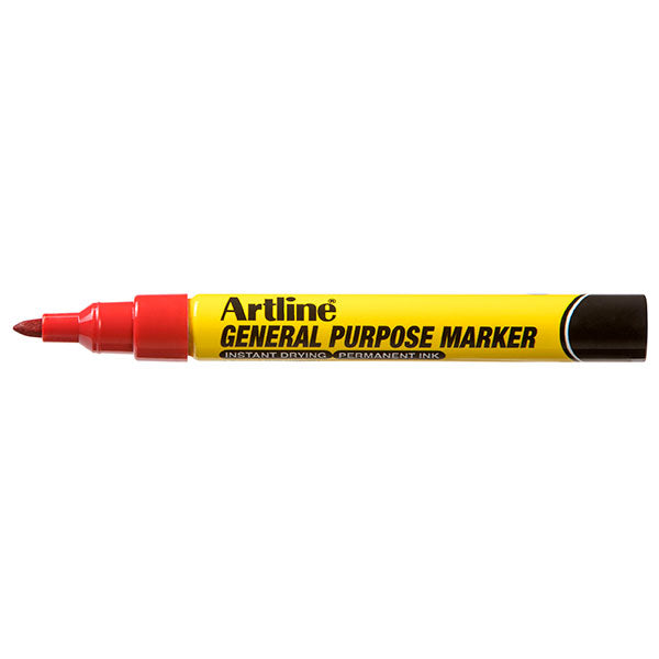 Box of 12 Artline red general purpose markers with a 1.5mm nib, ideal for marking on various surfaces.