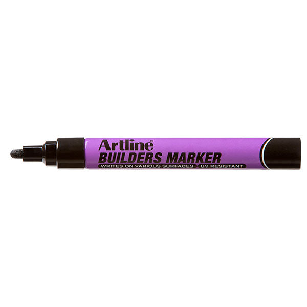 Artline Builders Marker Black box of 12, featuring 2.3mm nib for permanent marking on rough surfaces like concrete and wood.