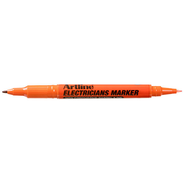 Box of 12 Artline Electricians Markers in vibrant orange for precision marking on various surfaces, featuring dual nibs.
