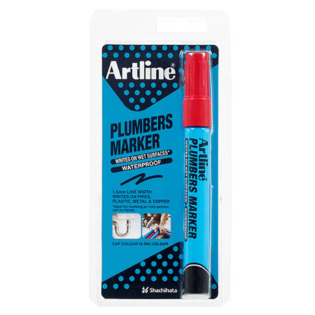 Artline Plumbers Marker Red HS designed for wet surfaces, featuring permanent, waterproof, and instant-drying ink for clear markings.