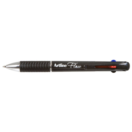 ARTLINE FLOW 4C RBPP CHARCOAL pen featuring four vibrant colors, rubber grip, and smooth gel ink for effortless writing.