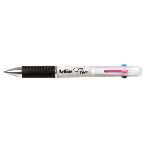 ARTLINE FLOW 4C RBPP PEARL WHITE pen set featuring 4 vibrant colors, low-viscosity gel ink, and a comfortable grip.