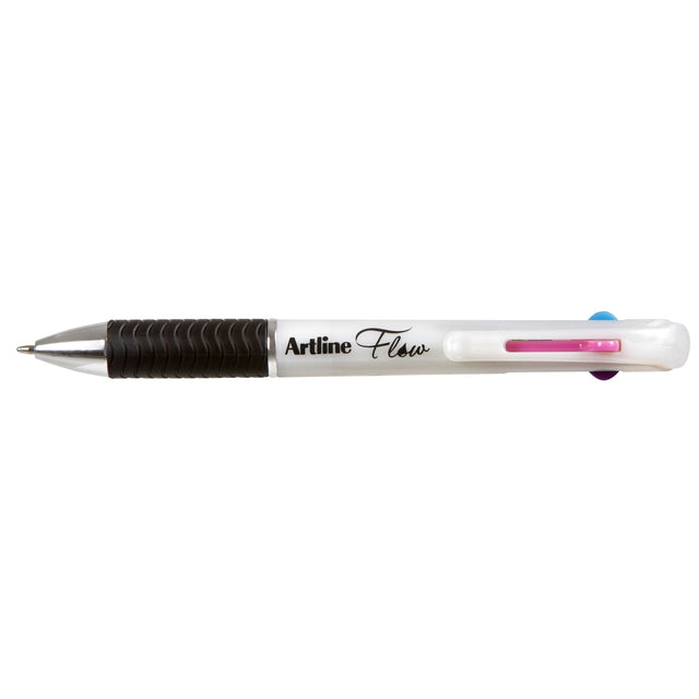 ARTLINE FLOW 4C RBPP PEARL WHITE pen set featuring 4 vibrant colors, low-viscosity gel ink, and a comfortable grip.
